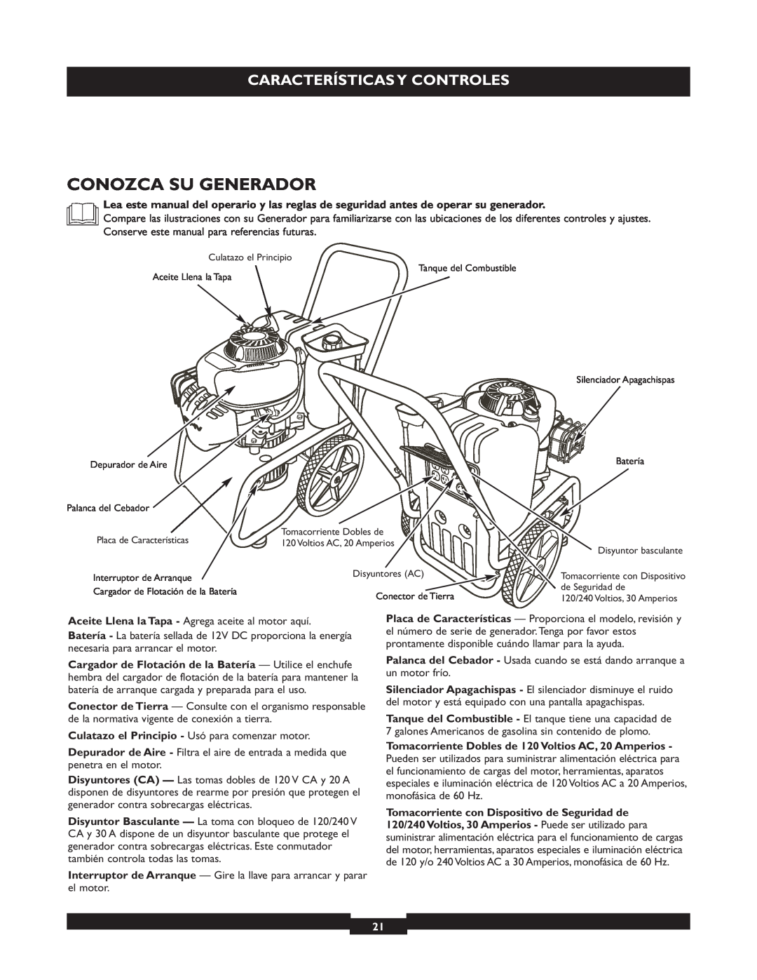 Briggs & Stratton 30205 manual Conozca Su Generador, Características Y Controles 