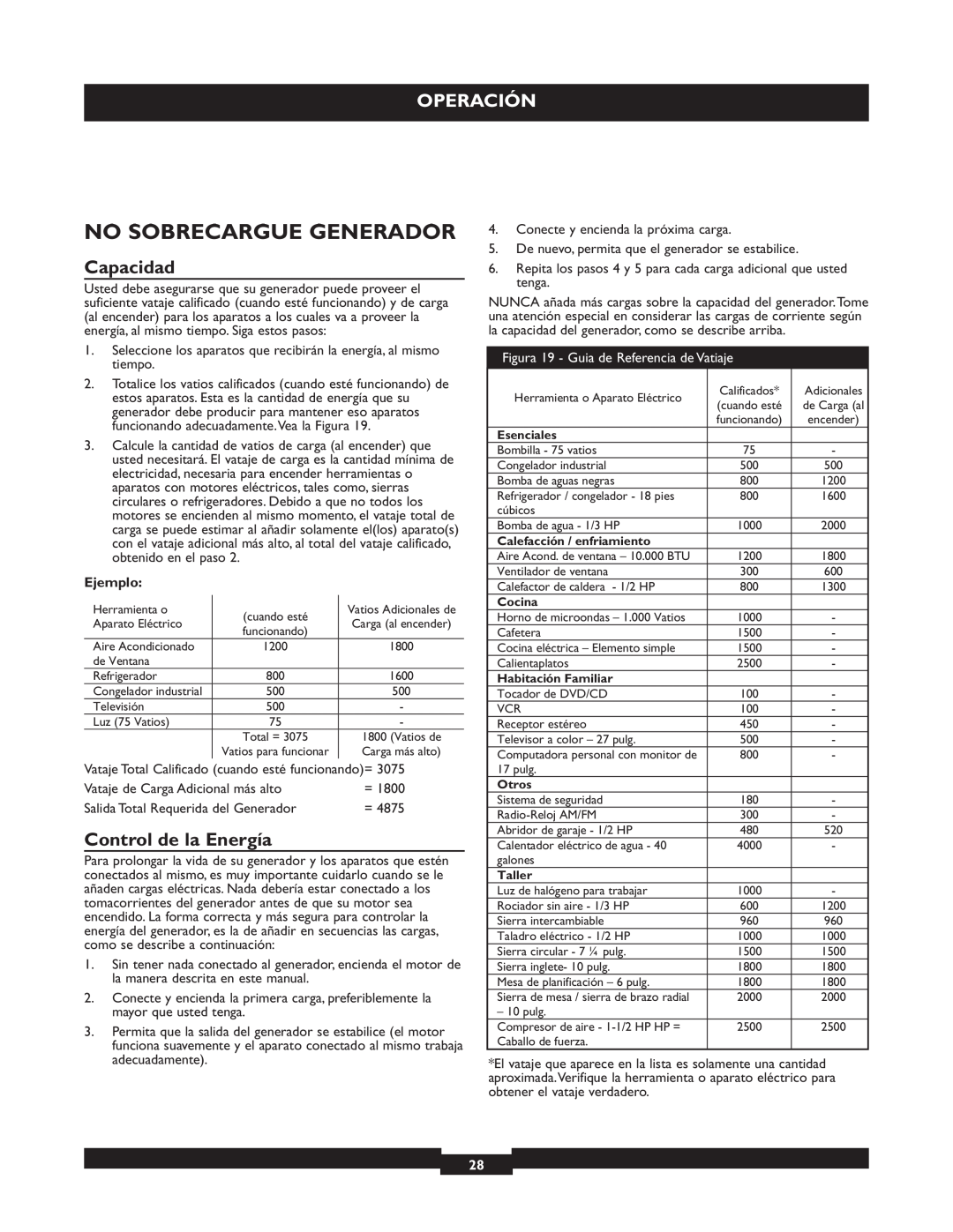 Briggs & Stratton 30205 manual No Sobrecargue Generador, Capacidad, Control de la Energía, Operación 