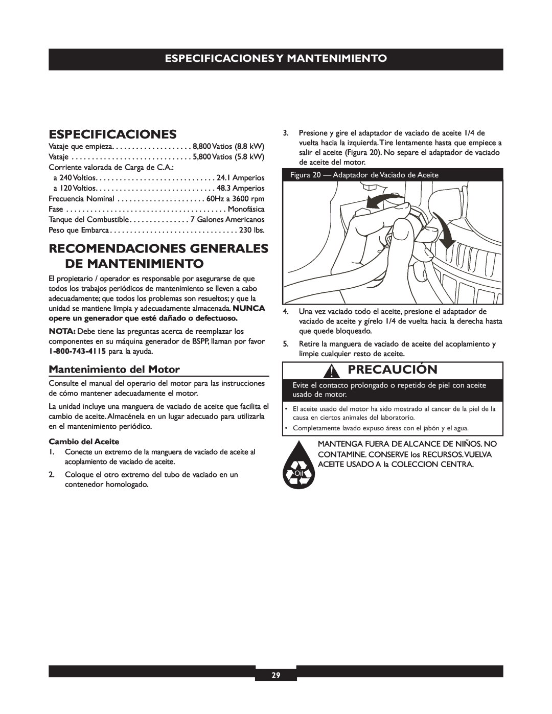 Briggs & Stratton 30205 manual Recomendaciones Generales De Mantenimiento, Especificaciones Y Mantenimiento, Precaución 