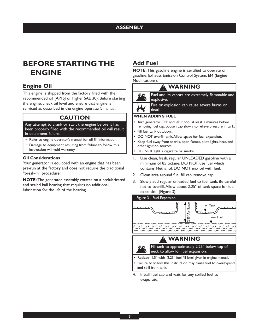 Briggs & Stratton 30205 manual Before Starting The Engine, Add Fuel, Engine Oil, Oil Considerations, Assembly 