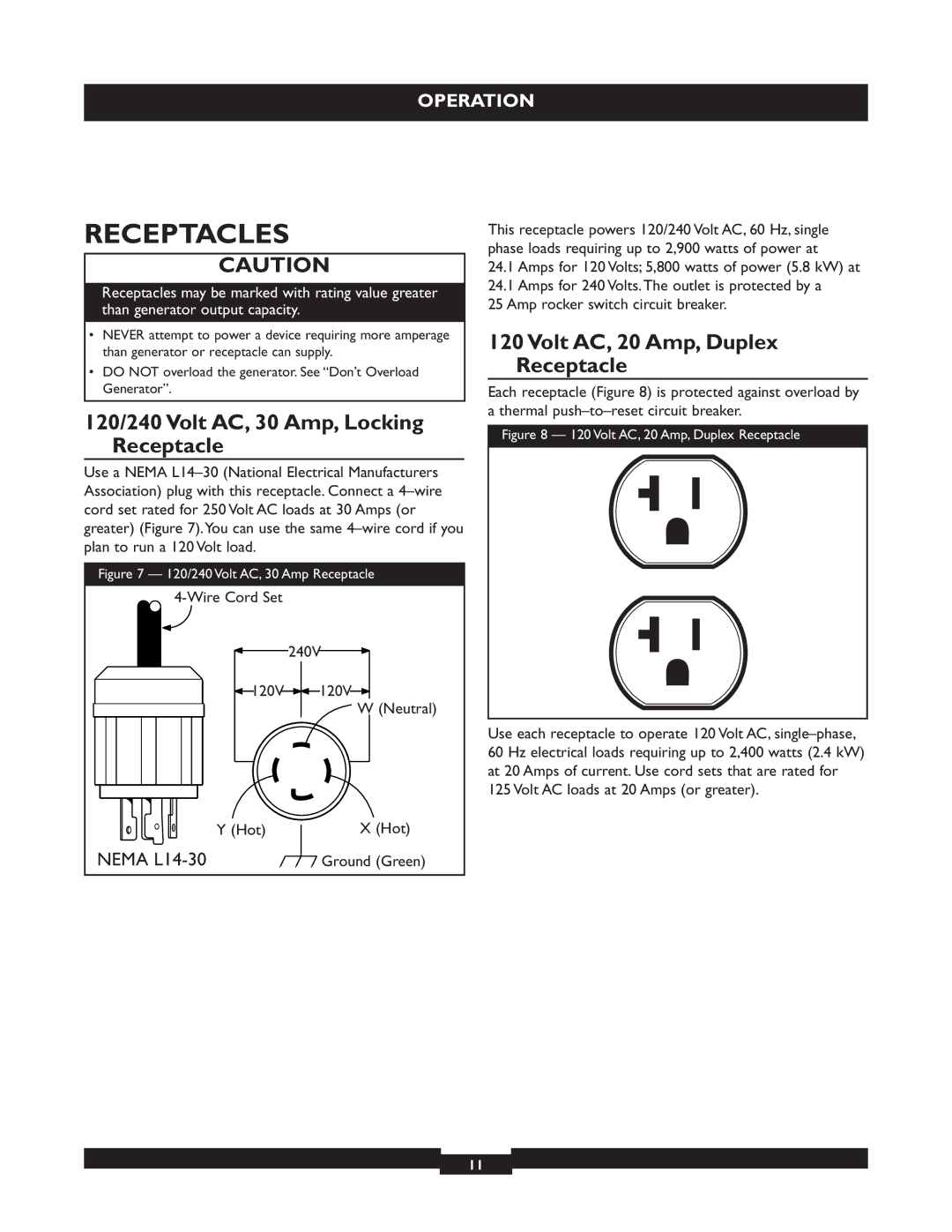 Briggs & Stratton 30205 manual Receptacles, 120/240 Volt AC, 30 Amp, Locking Receptacle, Volt AC, 20 Amp, Duplex Receptacle 