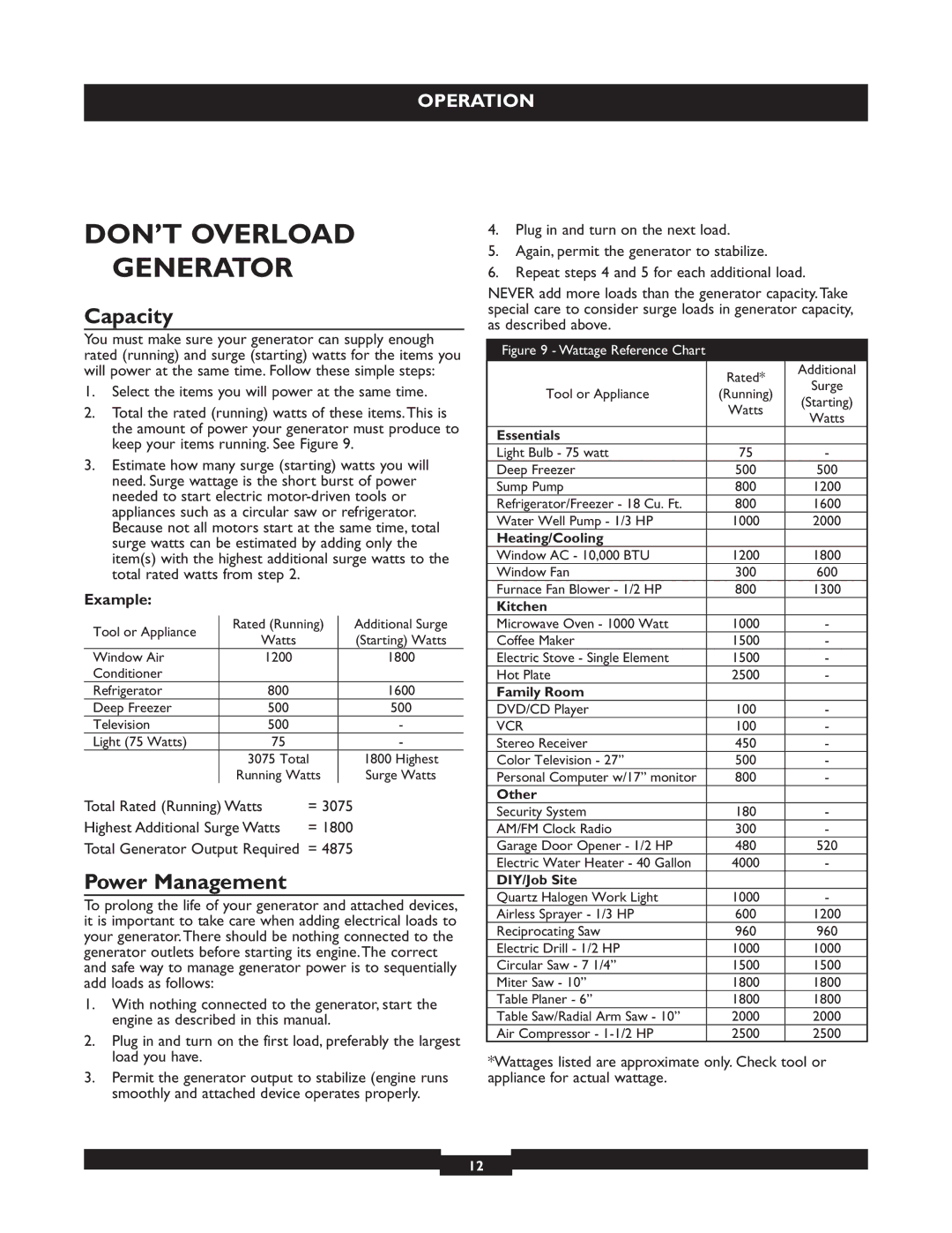 Briggs & Stratton 30205 manual DON’T Overload Generator, Capacity, Power Management, Example 