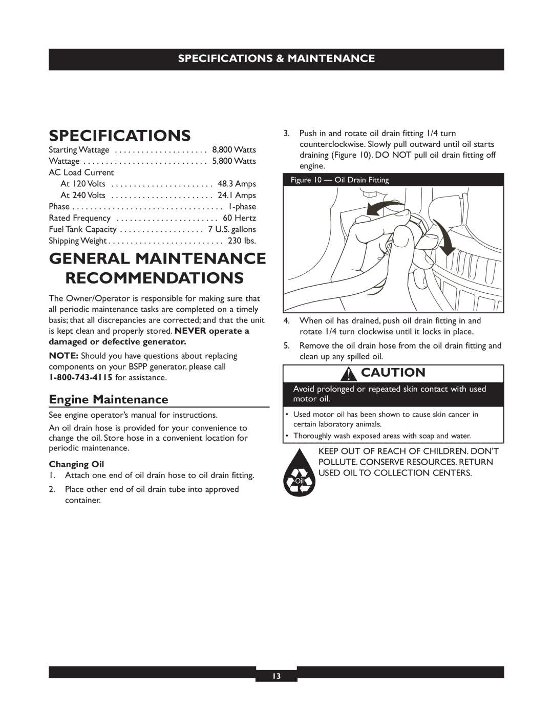 Briggs & Stratton 30205 manual Specifications, General Maintenance Recommendations, Engine Maintenance, Changing Oil 