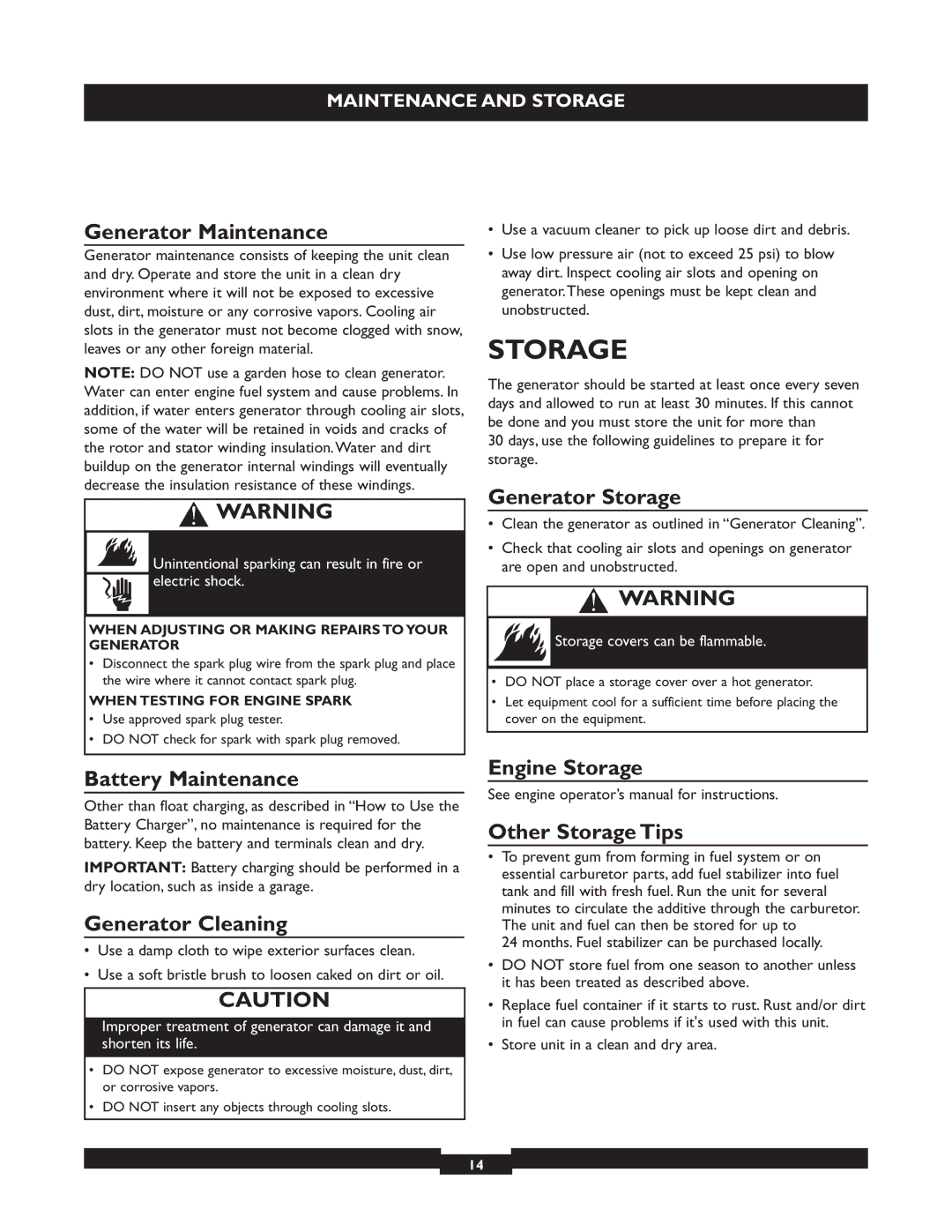 Briggs & Stratton 30205 manual Storage 