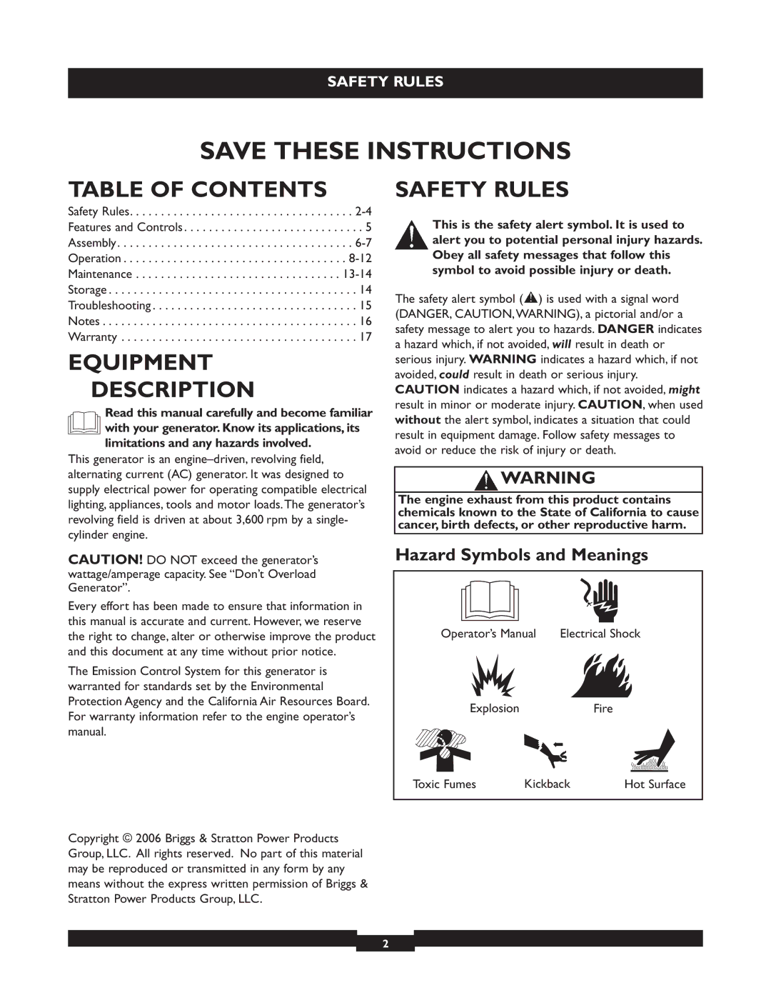 Briggs & Stratton 30205 manual Table of Contents, Equipment Description, Safety Rules 