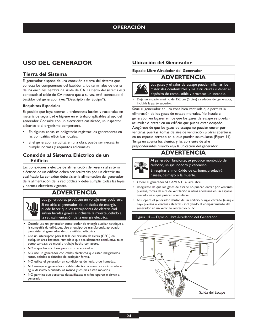 Briggs & Stratton 30205 manual USO DEL Generador, Tierra del Sistema, Ubicación del Generador 