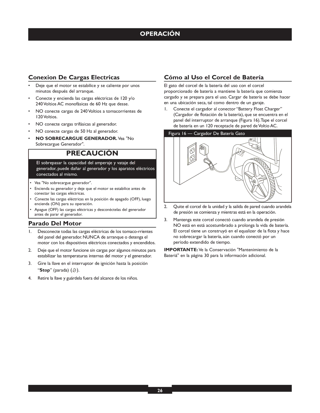 Briggs & Stratton 30205 manual Conexion De Cargas Electricas, Parado Del Motor, Cómo al Uso el Corcel de Batería 