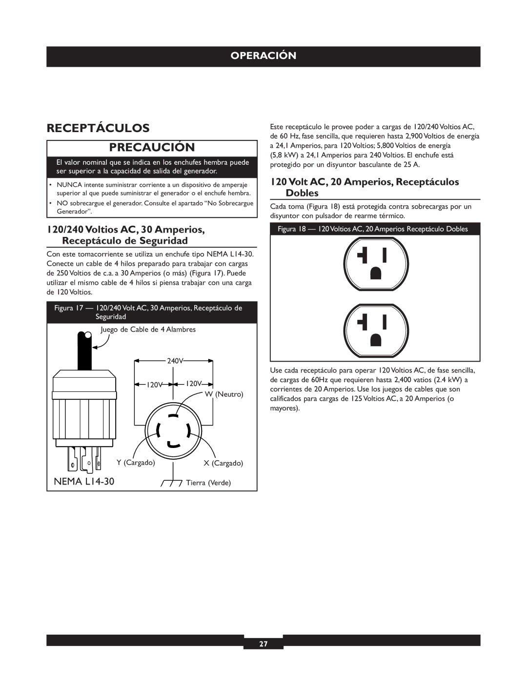 Briggs & Stratton 30205 manual Receptáculos Precaución, 120/240 Voltios AC, 30 Amperios, Receptáculo de Seguridad 