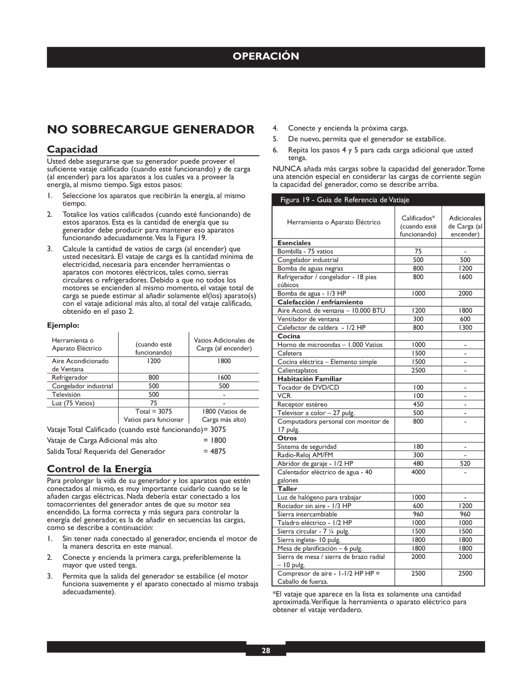 Briggs & Stratton 30205 manual No Sobrecargue Generador, Capacidad, Control de la Energía, Ejemplo 