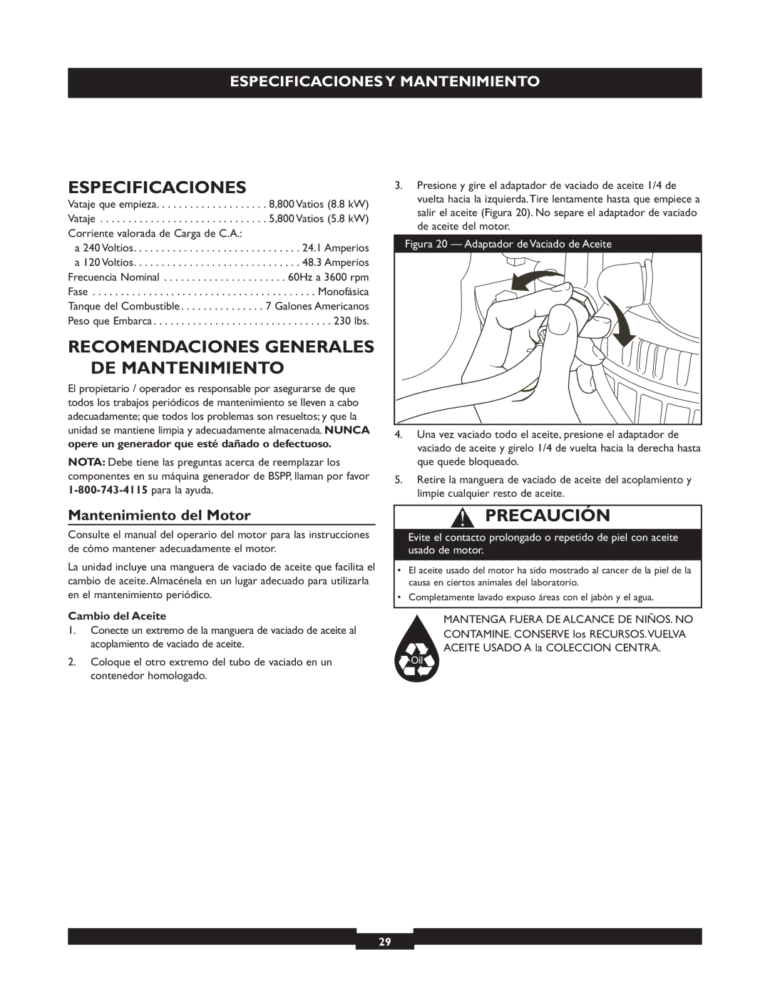 Briggs & Stratton 30205 manual Especificaciones, Recomendaciones Generales DE Mantenimiento, Mantenimiento del Motor 