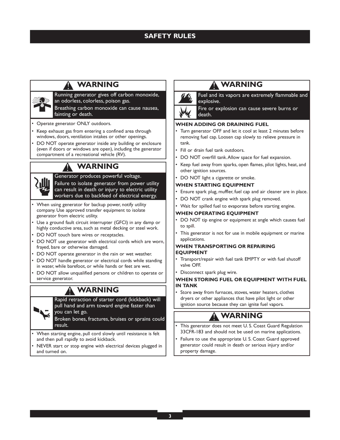 Briggs & Stratton 30205 manual When Adding or Draining Fuel, When Starting Equipment, When Operating Equipment 