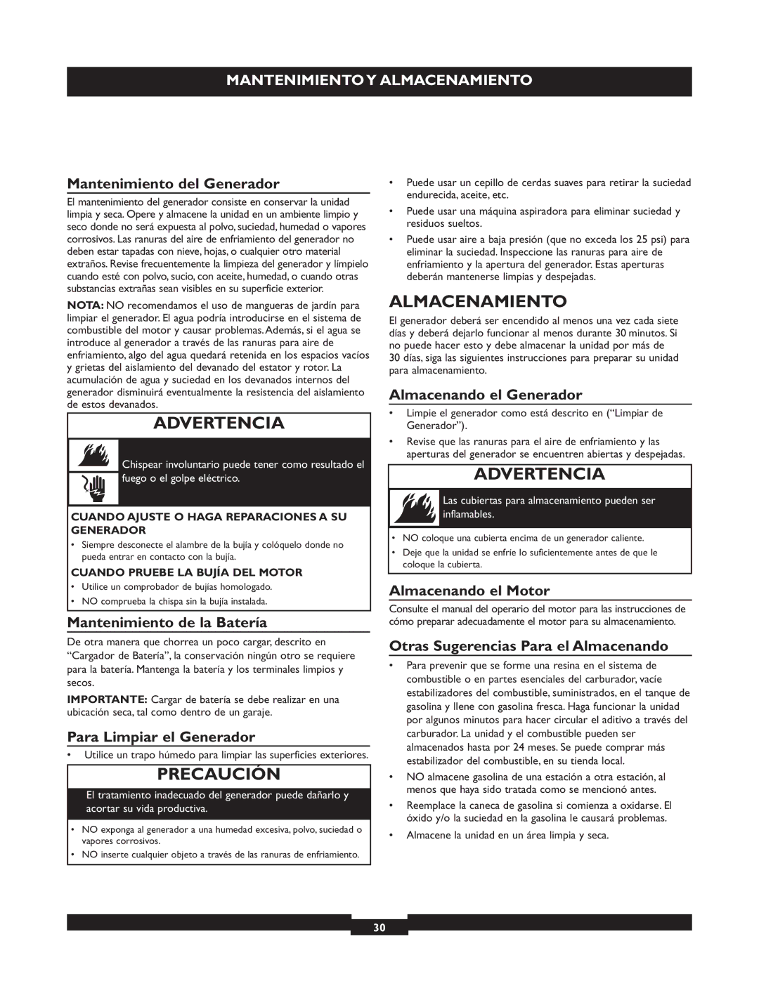 Briggs & Stratton 30205 manual Almacenamiento 