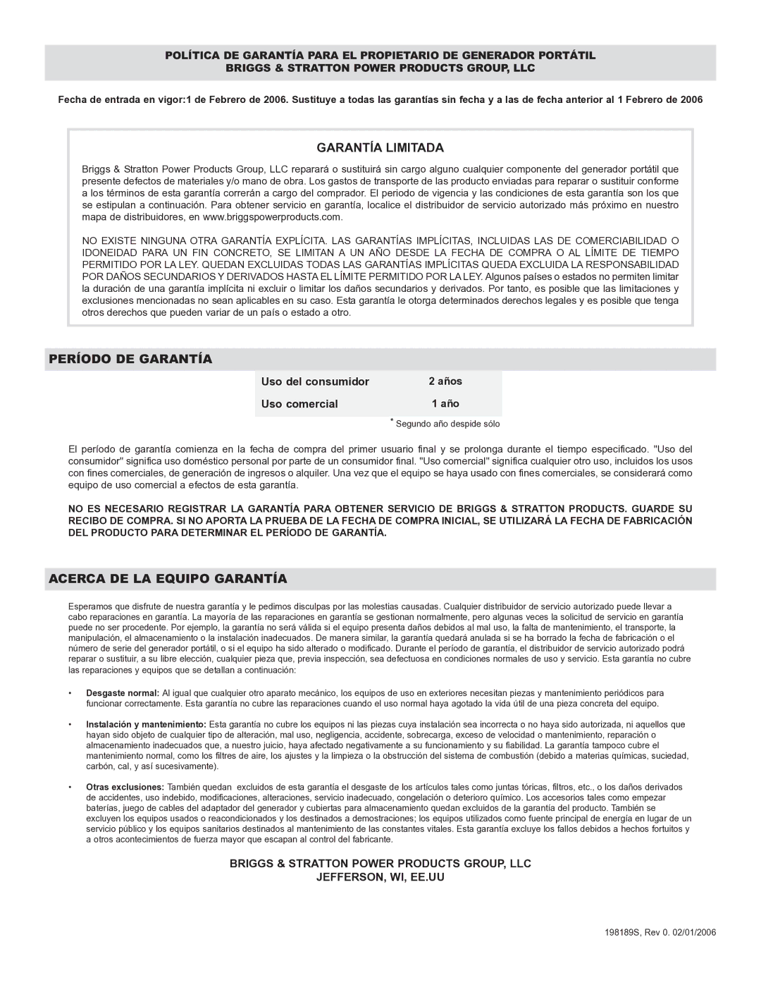 Briggs & Stratton 30205 manual Uso del consumidor, Uso comercial 