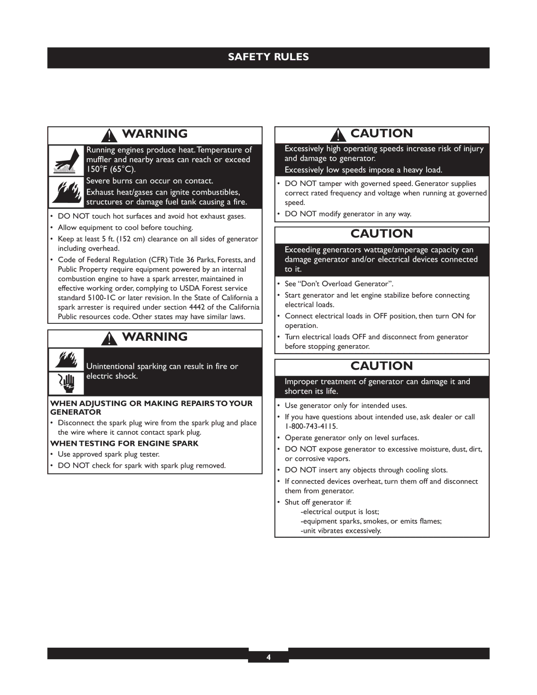 Briggs & Stratton 30205 manual When Adjusting or Making Repairs to Your Generator, When Testing for Engine Spark 