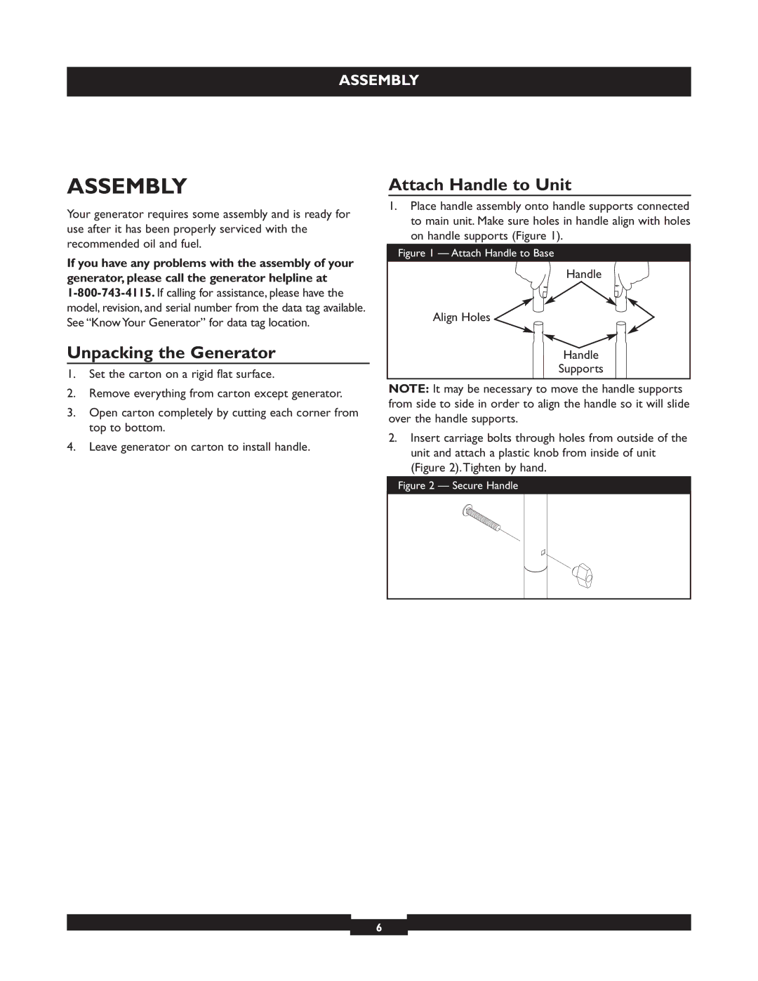 Briggs & Stratton 30205 manual Assembly, Unpacking the Generator, Attach Handle to Unit 