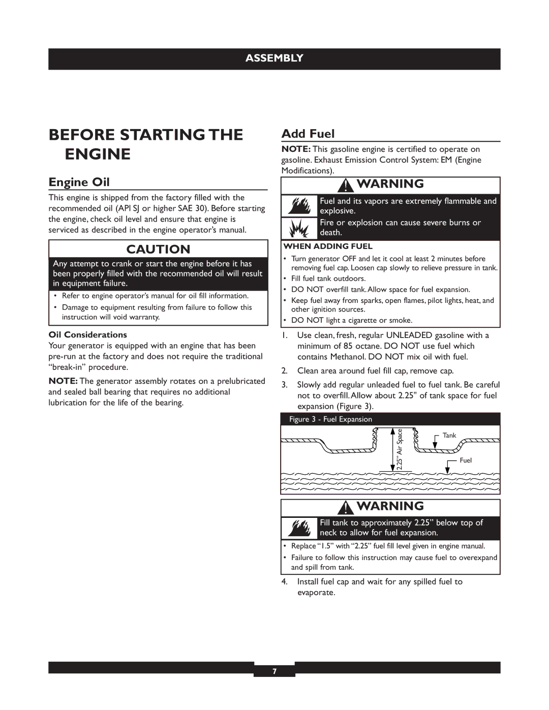 Briggs & Stratton 30205 manual Before Starting the Engine, Add Fuel, Engine Oil, Oil Considerations, When Adding Fuel 