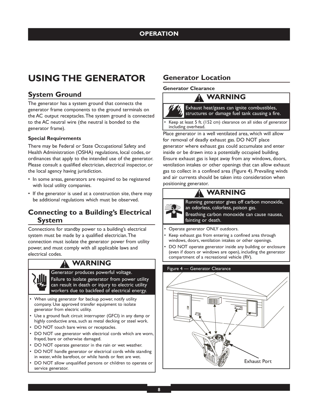 Briggs & Stratton 30205 manual Using the Generator, System Ground, Generator Location 