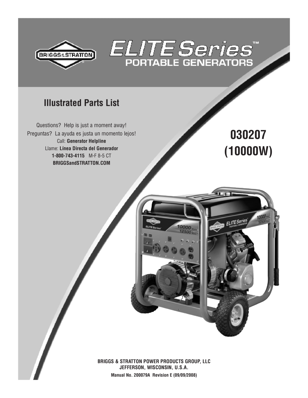 Briggs & Stratton 30207 manual Illustrated Parts List, Call Generator Helpline, Llame Línea Directa del Generador 