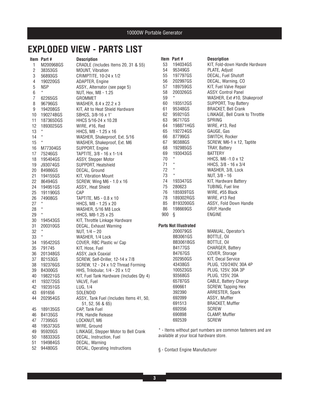 Briggs & Stratton 30207 manual Exploded View - Parts List, 10000W Portable Generator, Description, Parts Not Illustrated 