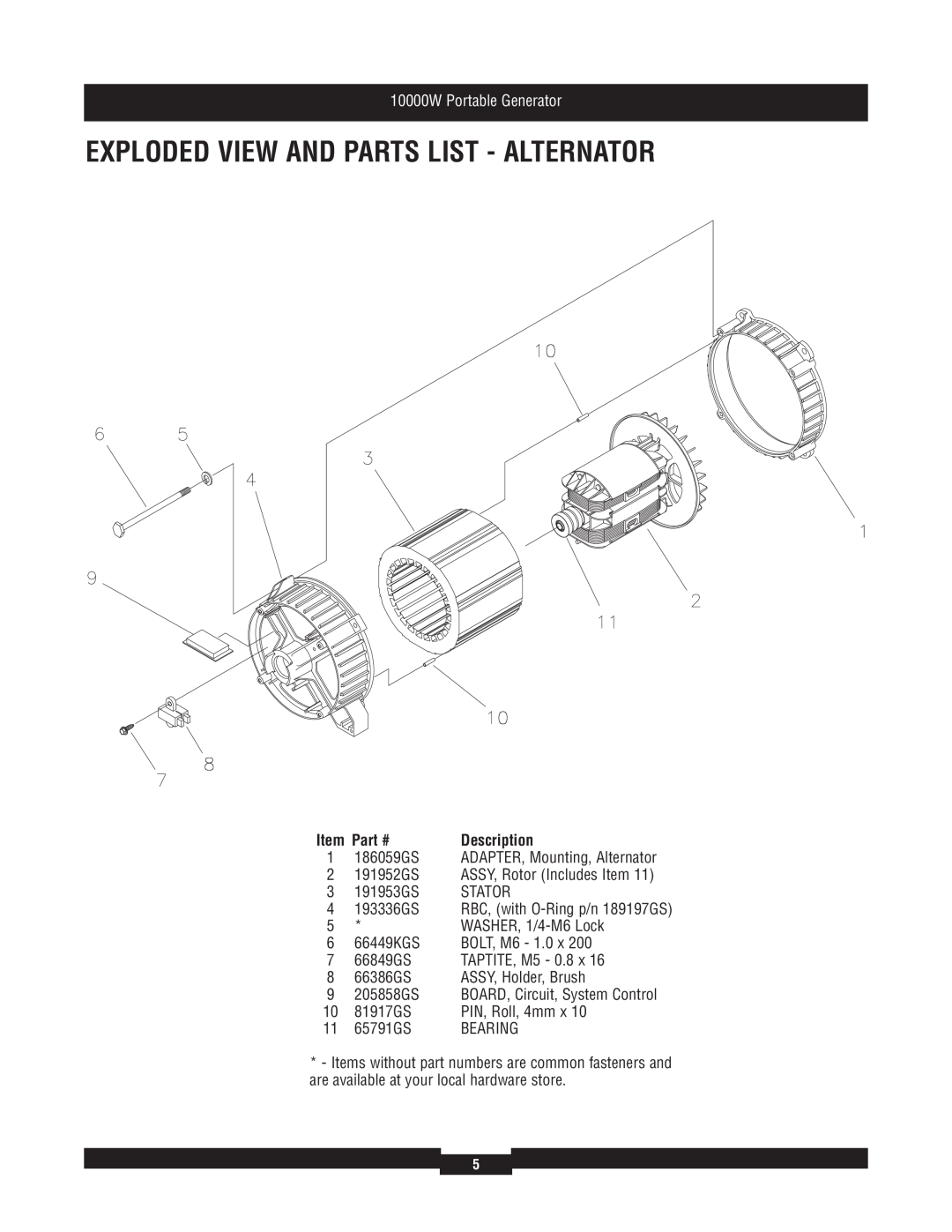 Briggs & Stratton 30207 Exploded View And Parts List - Alternator, 1 186059GS, 10000W Portable Generator, Description 