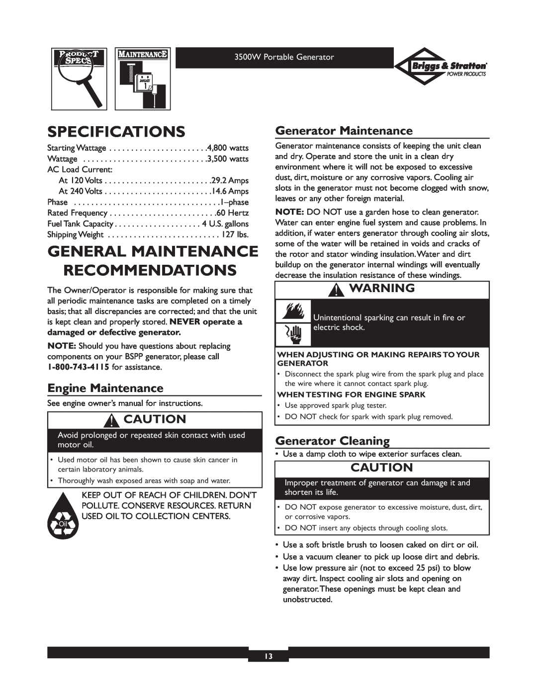Briggs & Stratton 30208 Specifications, General Maintenance Recommendations, Engine Maintenance, Generator Maintenance 