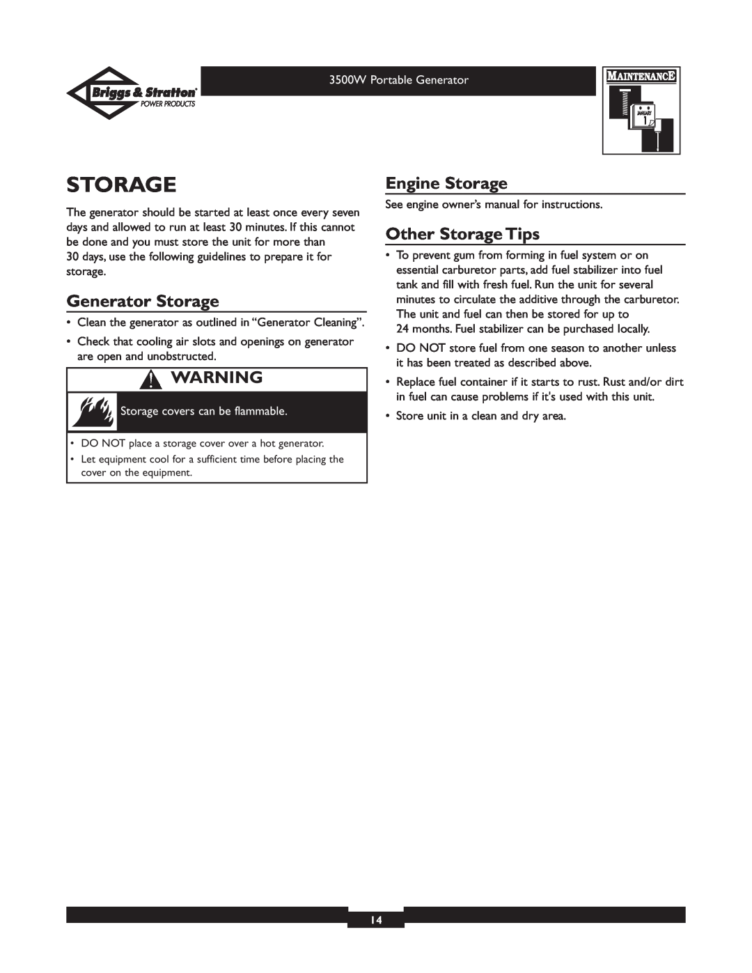 Briggs & Stratton 30208 Generator Storage, Engine Storage, Other Storage Tips, Storage covers can be flammable 