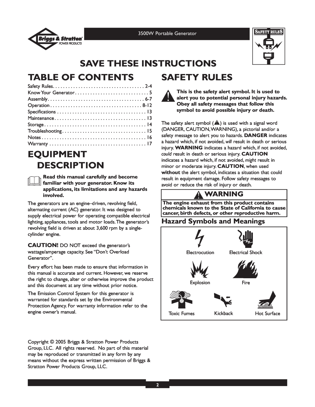 Briggs & Stratton 30208 owner manual Save These Instructions, Table Of Contents, Equipment Description, Safety Rules 