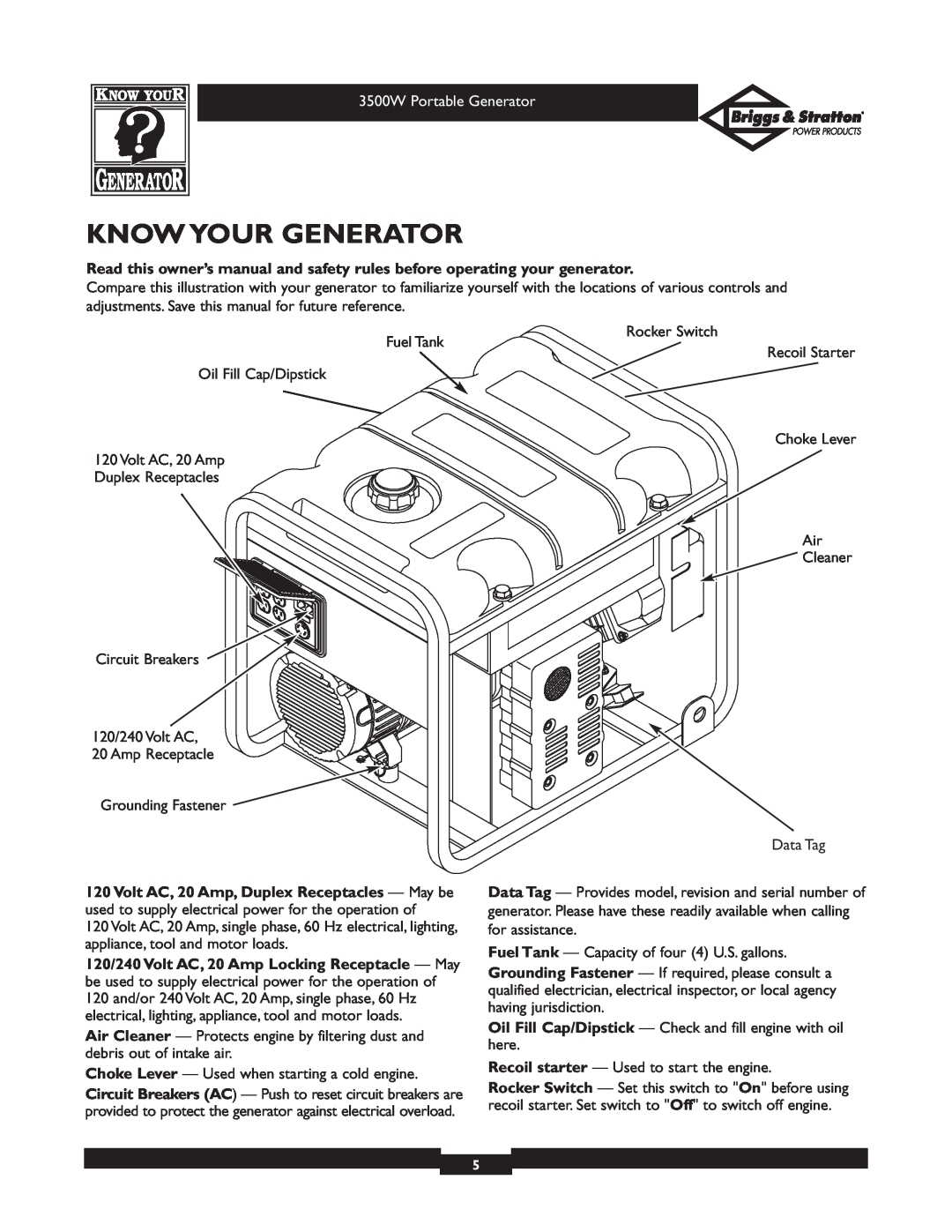 Briggs & Stratton 30208 owner manual Know Your Generator, 3500W Portable Generator 