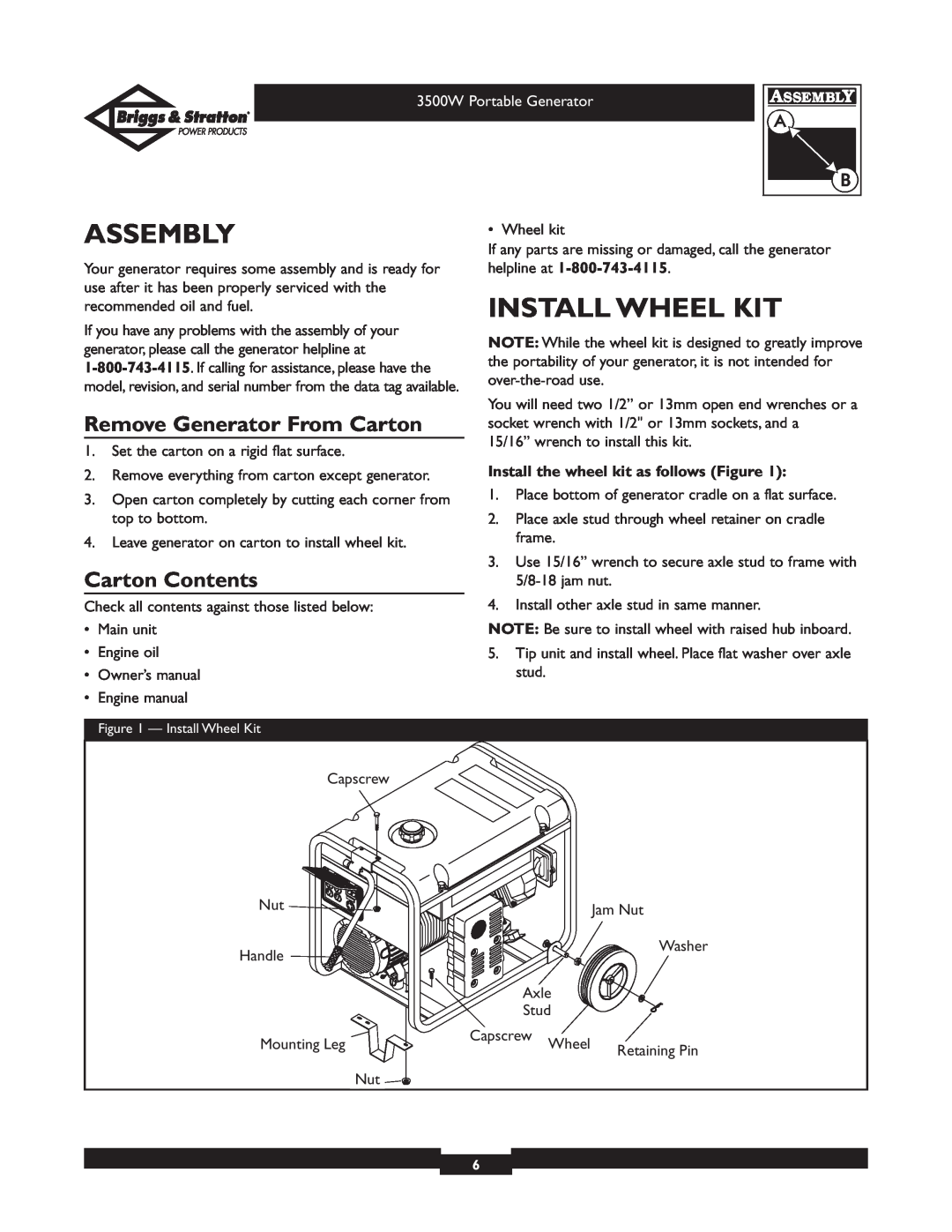 Briggs & Stratton 30208 owner manual Assembly, Install Wheel Kit, Remove Generator From Carton, Carton Contents 
