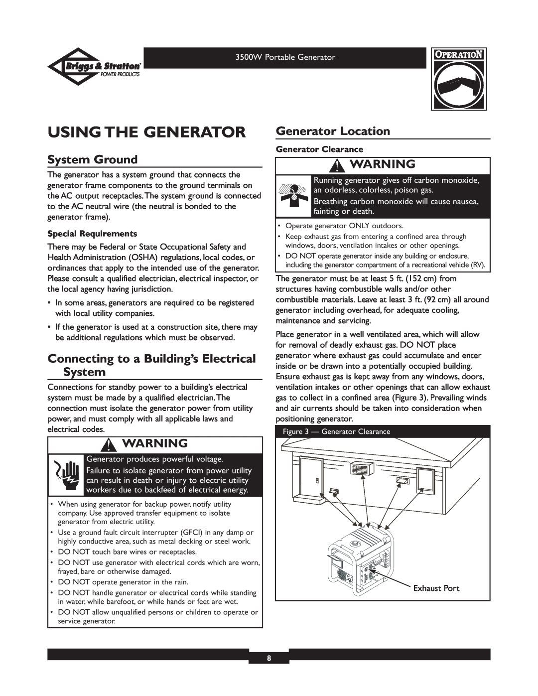 Briggs & Stratton 30208 owner manual Using The Generator, System Ground, Connecting to a Building’s Electrical System 