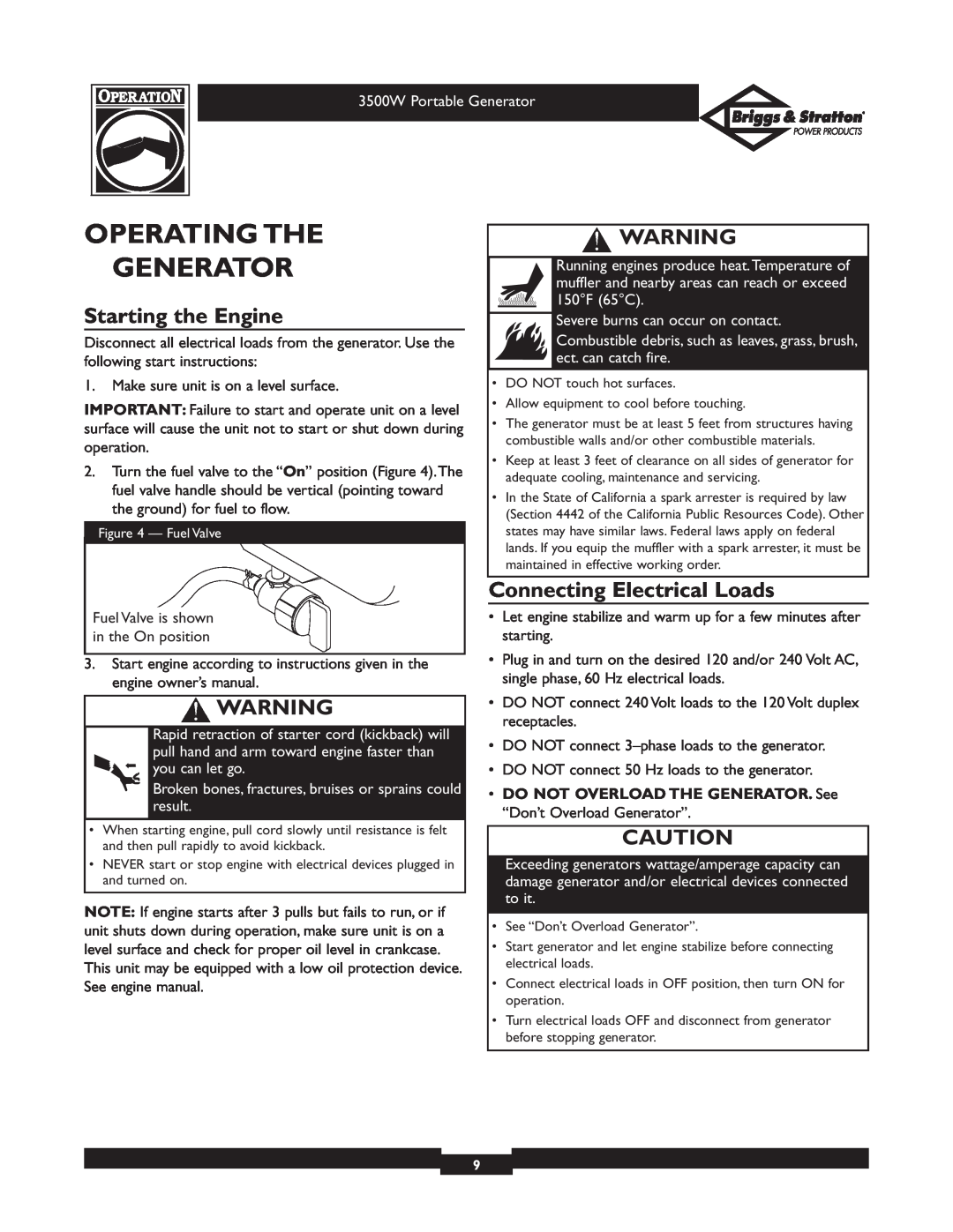 Briggs & Stratton 30208 owner manual Operating The Generator, Starting the Engine, Connecting Electrical Loads 