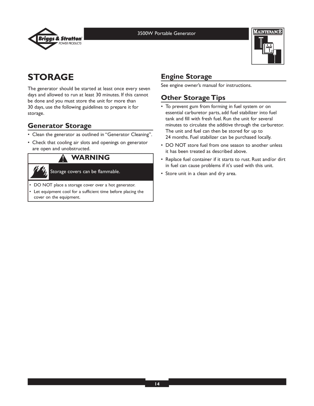 Briggs & Stratton 30208 owner manual Generator Storage, Engine Storage Other Storage Tips 