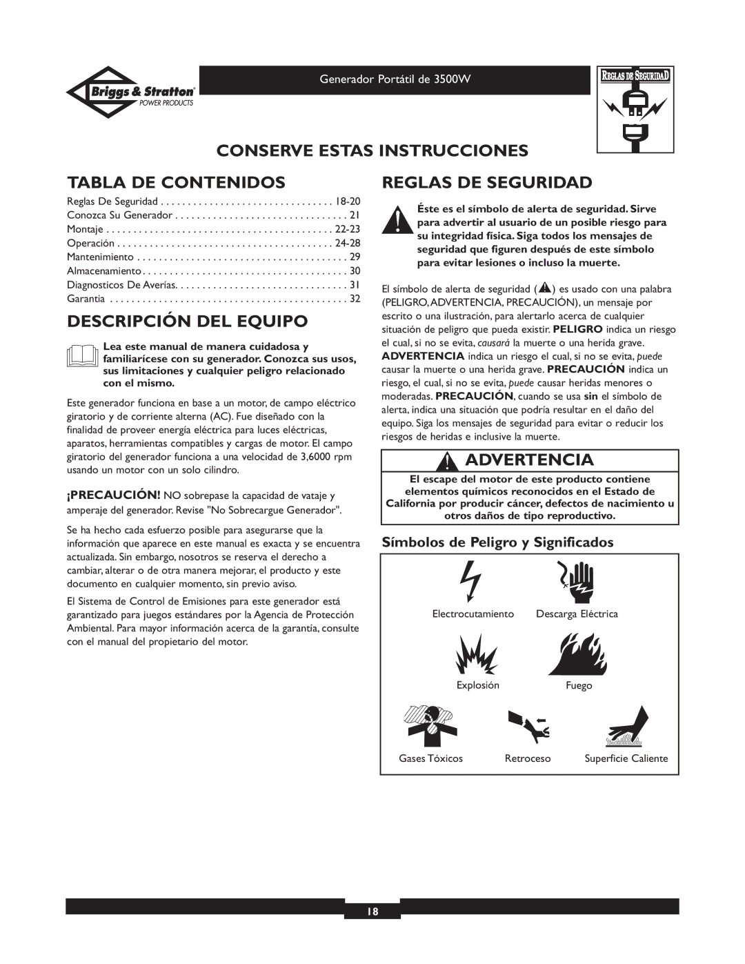 Briggs & Stratton 30208 Conserve Estas Instrucciones Tabla DE Contenidos, Descripción DEL Equipo, Reglas DE Seguridad 