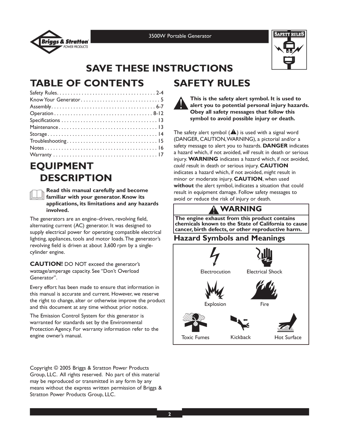 Briggs & Stratton 30208 owner manual Table of Contents, Equipment Description, Safety Rules 