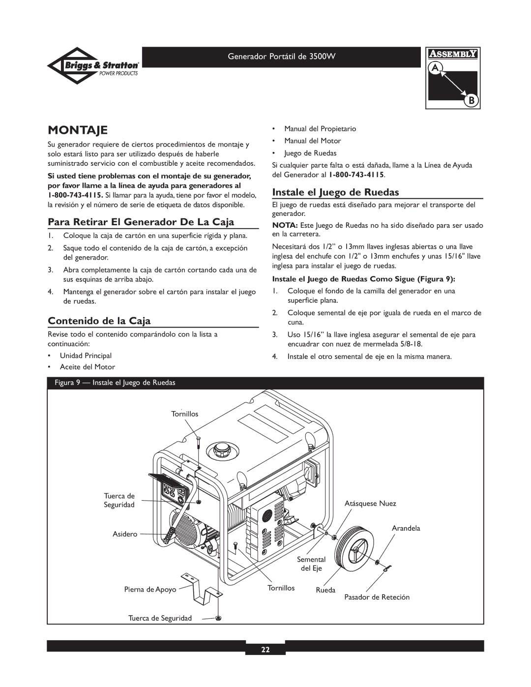 Briggs & Stratton 30208 Montaje, Instale el Juego de Ruedas, Para Retirar El Generador De La Caja, Contenido de la Caja 