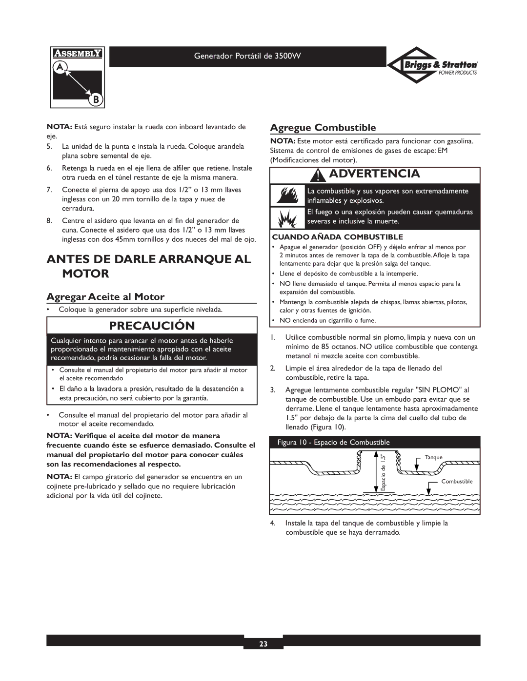 Briggs & Stratton 30208 owner manual Antes DE Darle Arranque AL Motor, Agregar Aceite al Motor, Agregue Combustible 