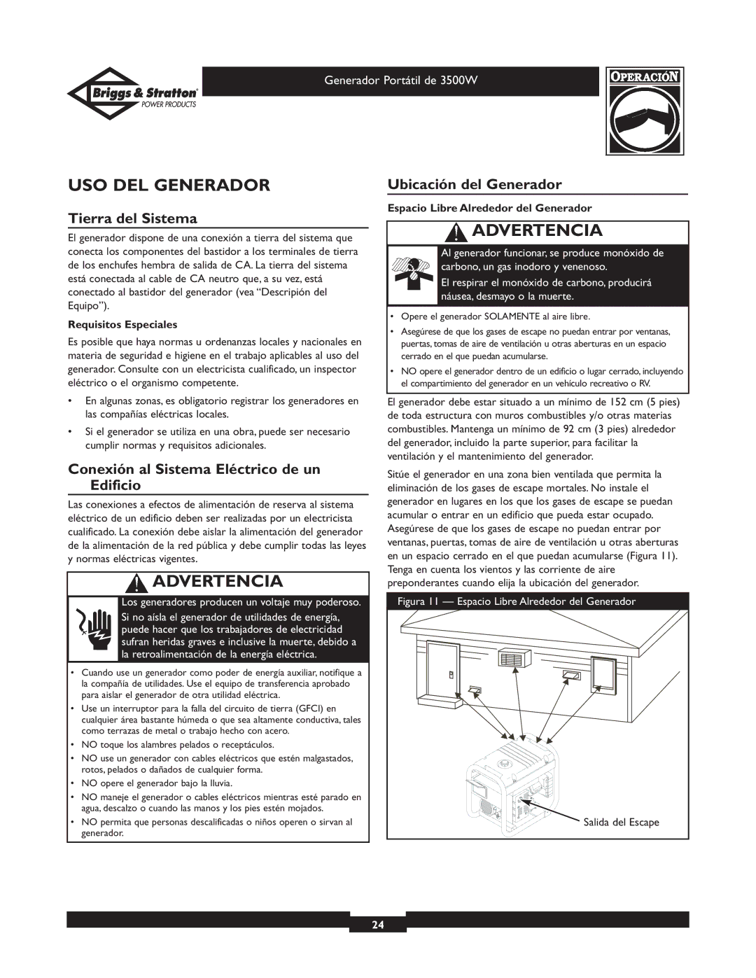 Briggs & Stratton 30208 owner manual USO DEL Generador, Tierra del Sistema, Ubicación del Generador 