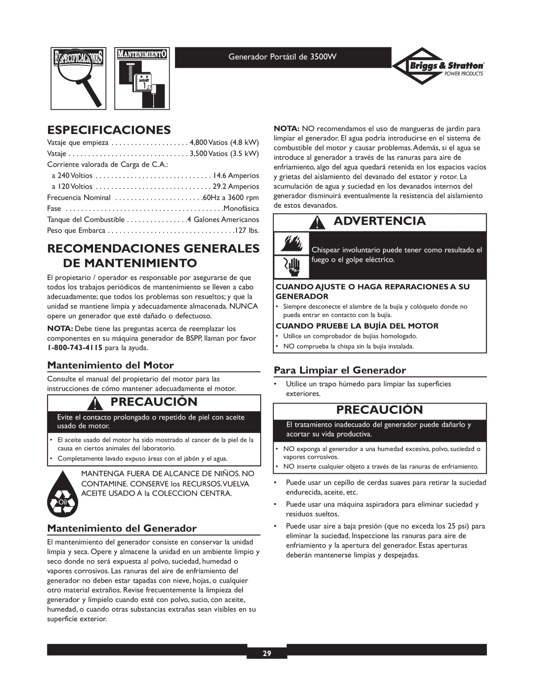 Briggs & Stratton 30208 owner manual Especificaciones, Recomendaciones Generales DE Mantenimiento, Mantenimiento del Motor 