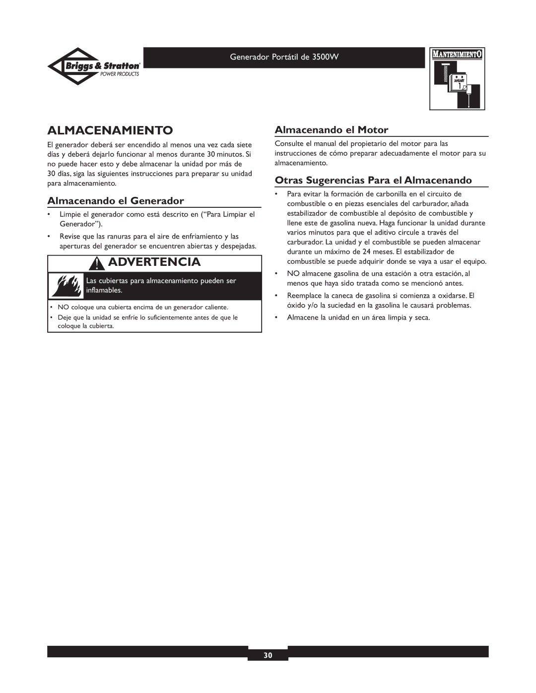 Briggs & Stratton 30208 owner manual Almacenamiento, Almacenando el Generador, Almacenando el Motor 