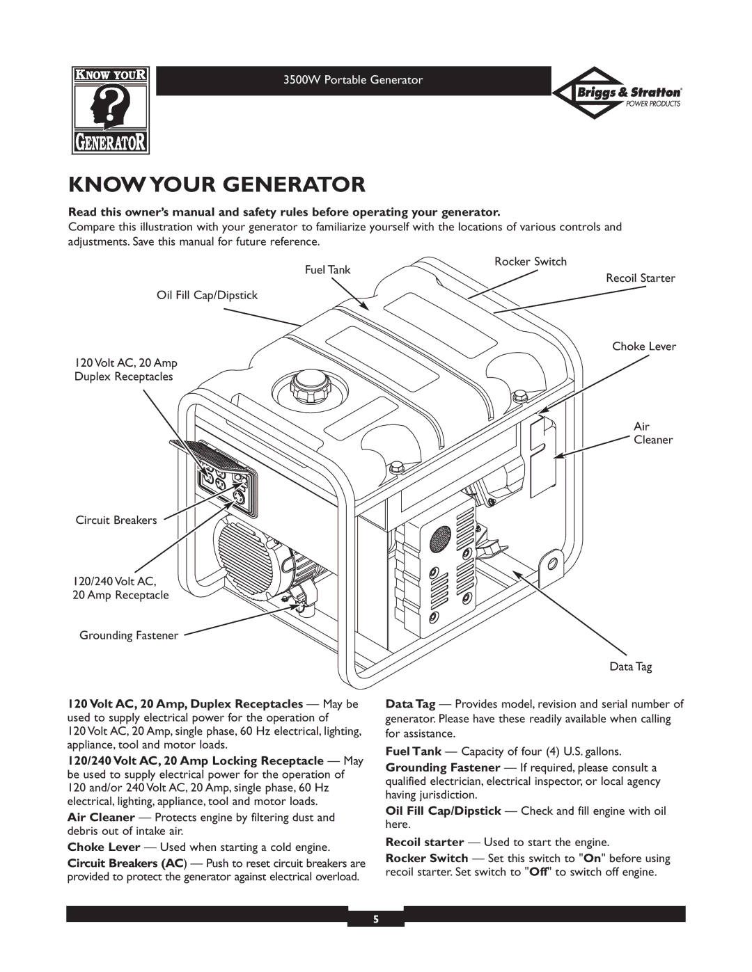 Briggs & Stratton 30208 owner manual Know Your Generator 