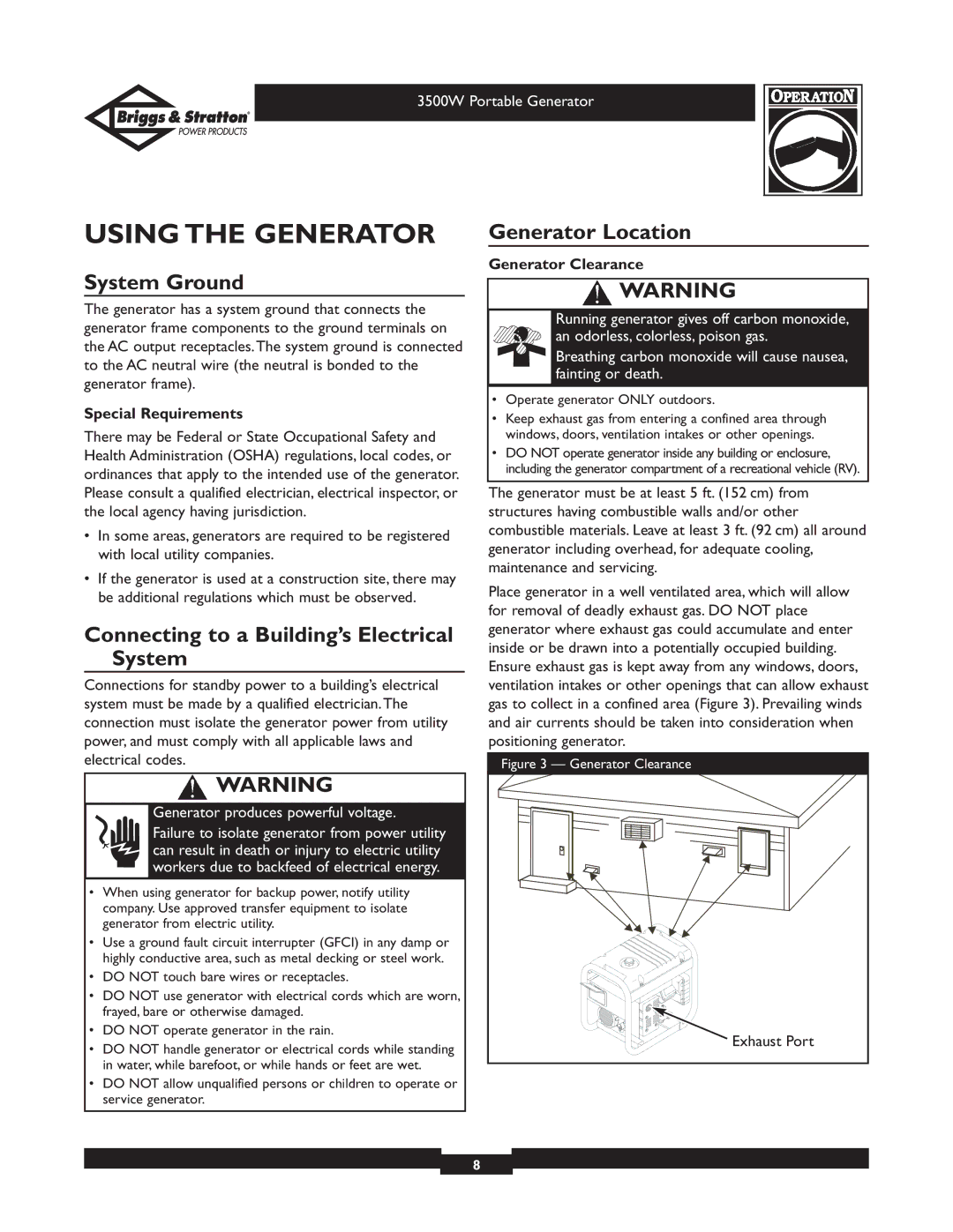 Briggs & Stratton 30208 owner manual Using the Generator, System Ground, Connecting to a Building’s Electrical System 