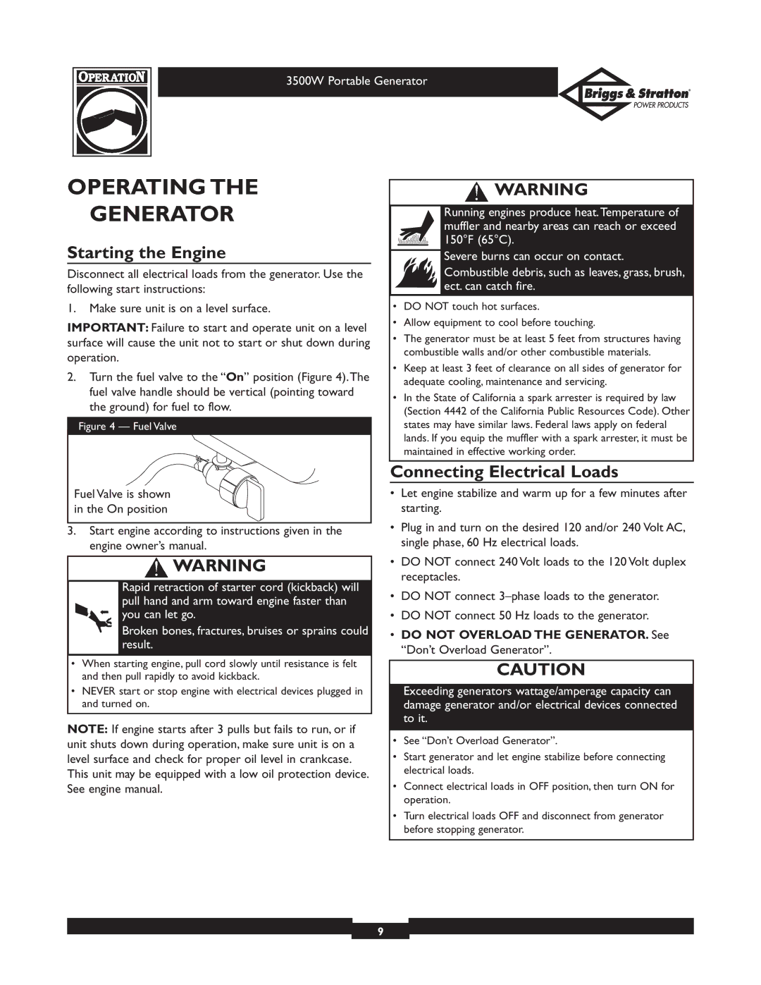 Briggs & Stratton 30208 owner manual Operating Generator, Starting the Engine, Connecting Electrical Loads 