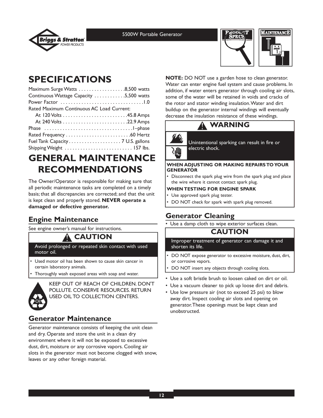 Briggs & Stratton 30209 Specifications, General Maintenance Recommendations, Engine Maintenance, Generator Maintenance 