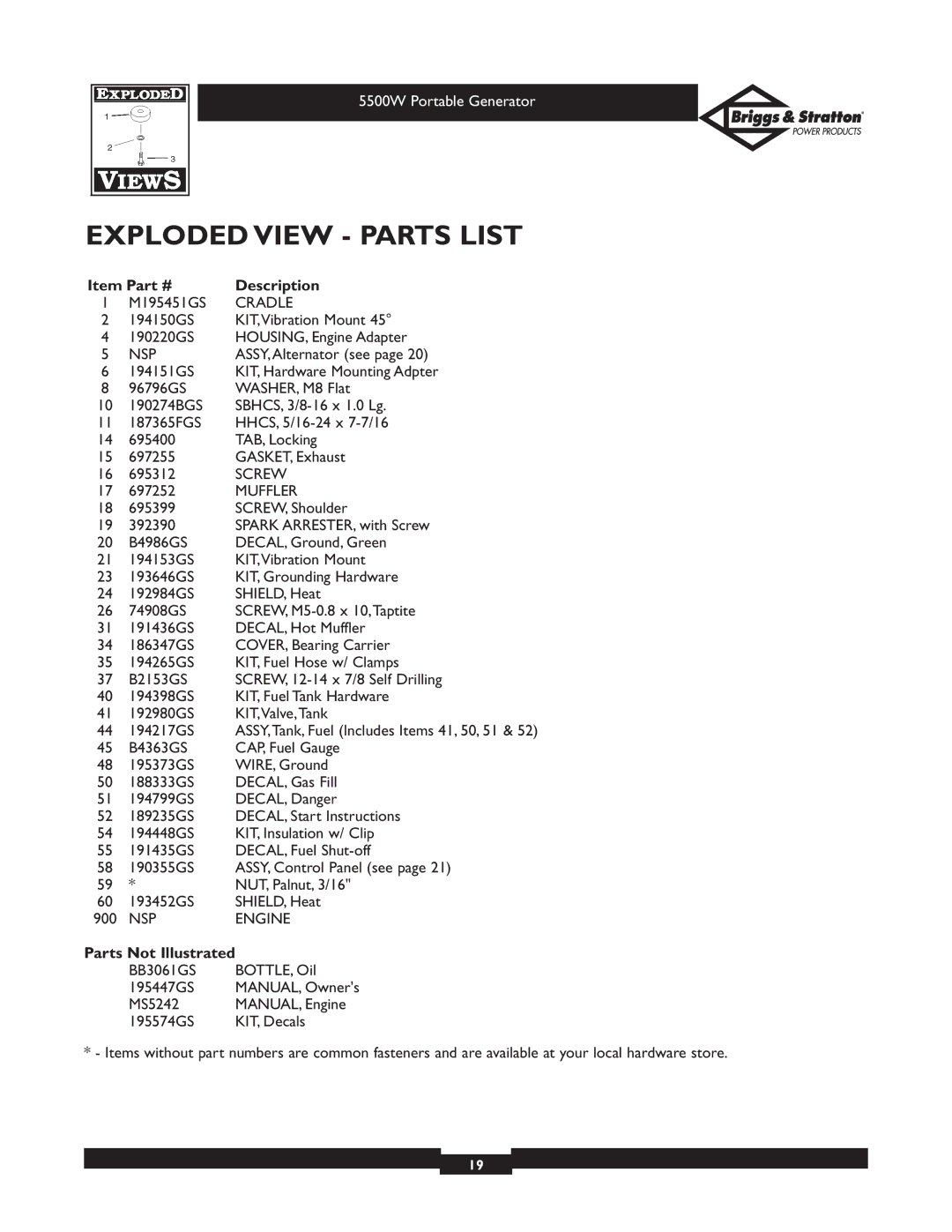 Briggs & Stratton 30209 owner manual Exploded View Parts List, Description, Parts Not Illustrated 