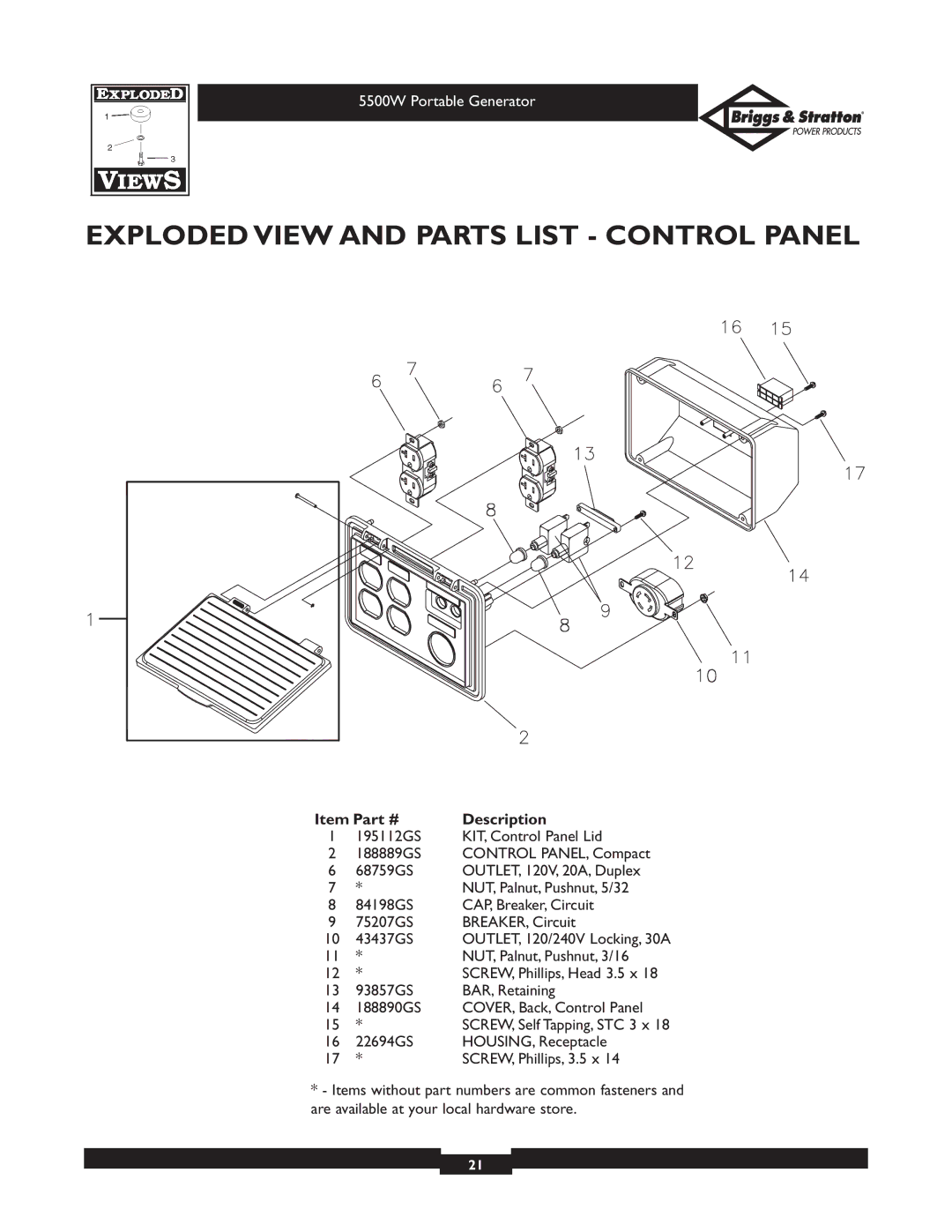 Briggs & Stratton 30209 owner manual Exploded View and Parts List Control Panel 