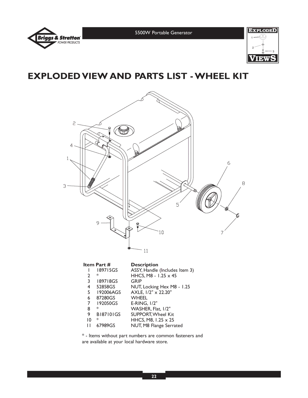 Briggs & Stratton 30209 owner manual Exploded View and Parts List Wheel KIT 