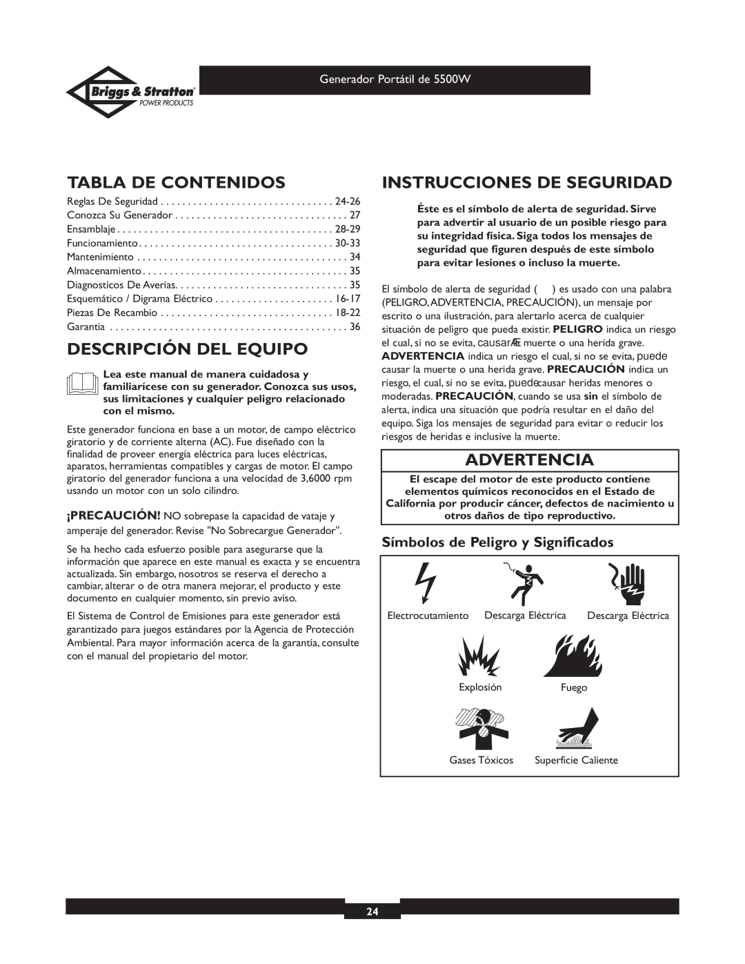 Briggs & Stratton 30209 owner manual Tabla DE Contenidos, Descripción DEL Equipo, Instrucciones DE Seguridad, Advertencia 