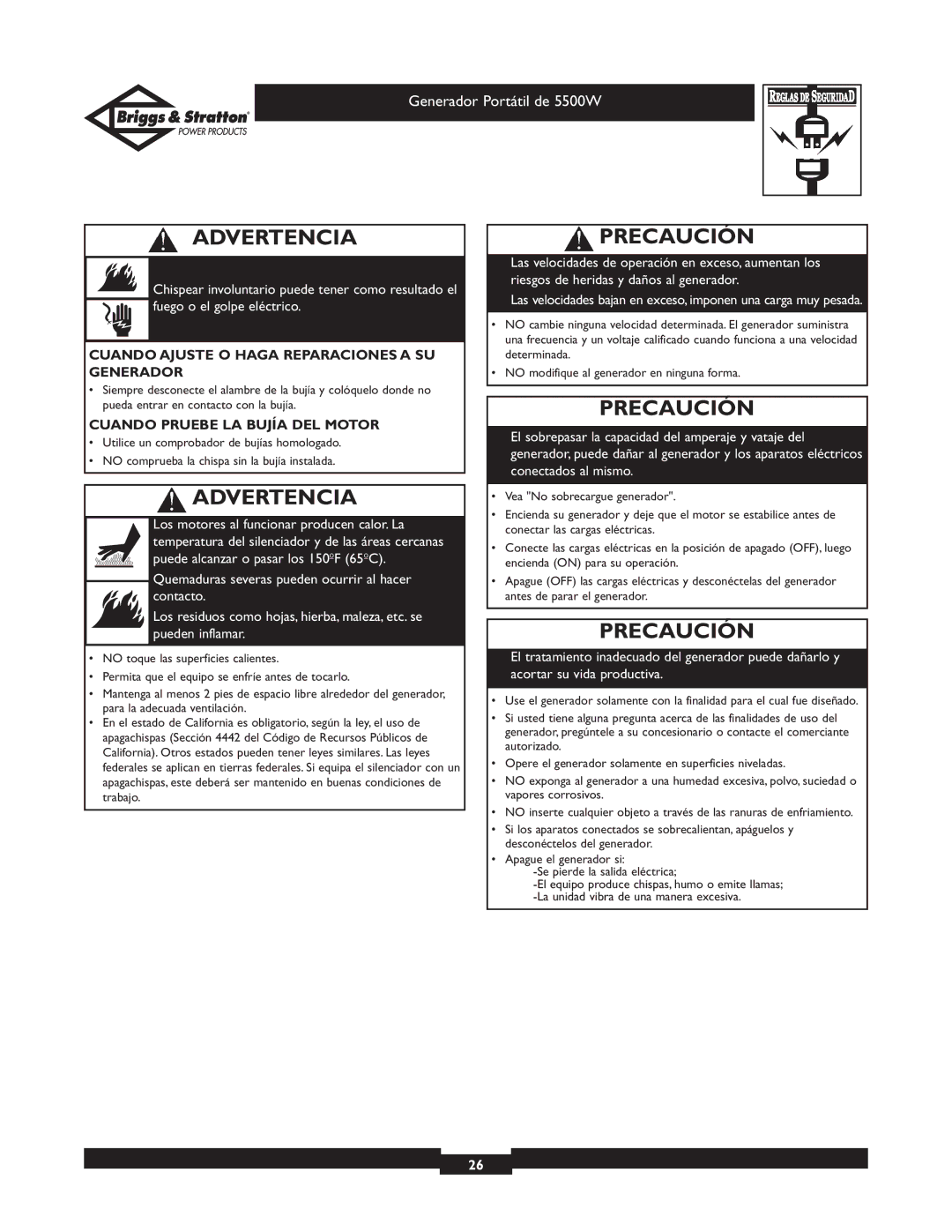 Briggs & Stratton 30209 Precaución, Cuando Ajuste O Haga Reparaciones a SU Generador, Cuando Pruebe LA Bujía DEL Motor 