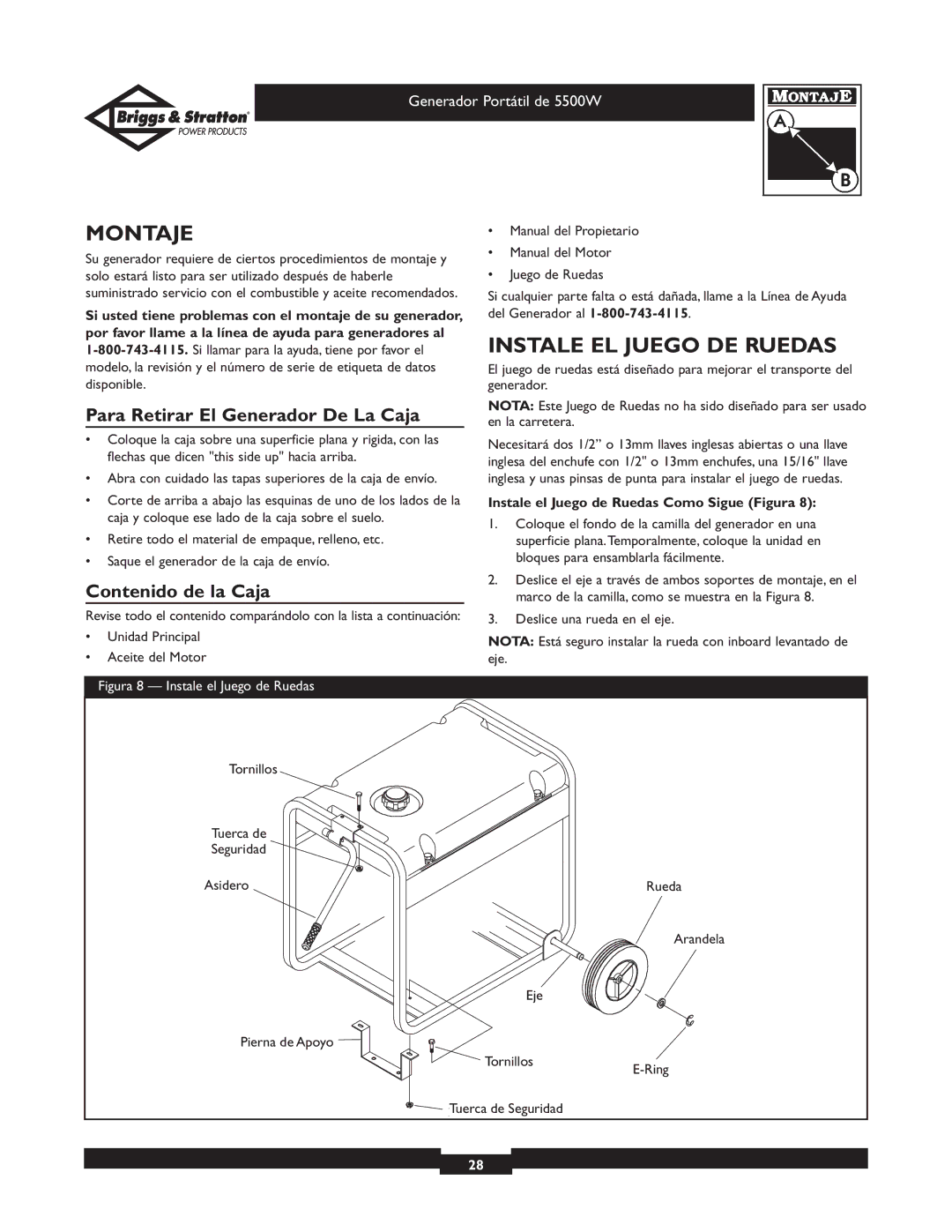 Briggs & Stratton 30209 Montaje, Instale EL Juego DE Ruedas, Para Retirar El Generador De La Caja, Contenido de la Caja 