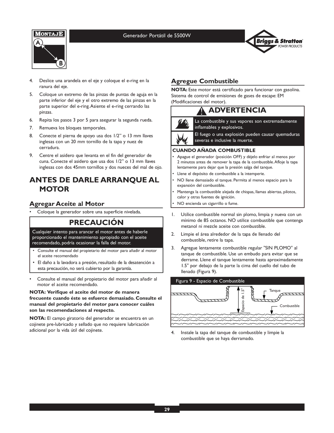 Briggs & Stratton 30209 owner manual Antes DE Darle Arranque AL Motor, Agregar Aceite al Motor, Agregue Combustible 